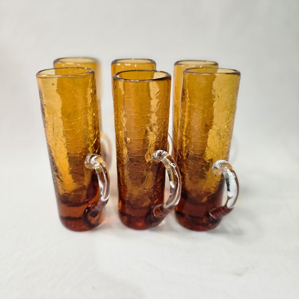 vintage, hand-blown amber crackle shot glasses with applied clear handle.‎ MCM